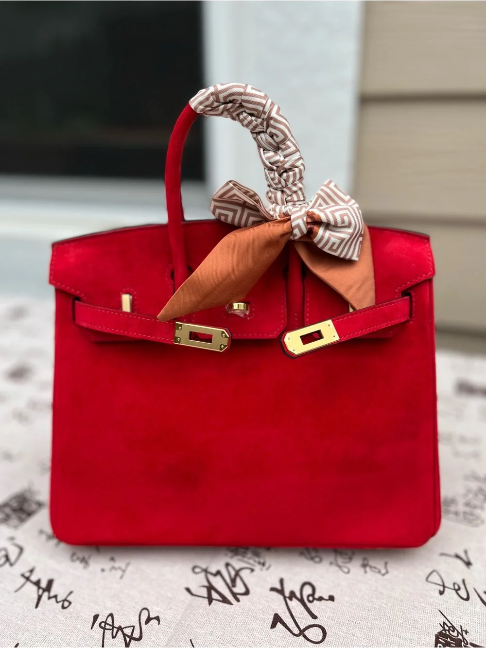 Red Suede Double-Handle Handbag 25cm with Gold-tone Hardware - New